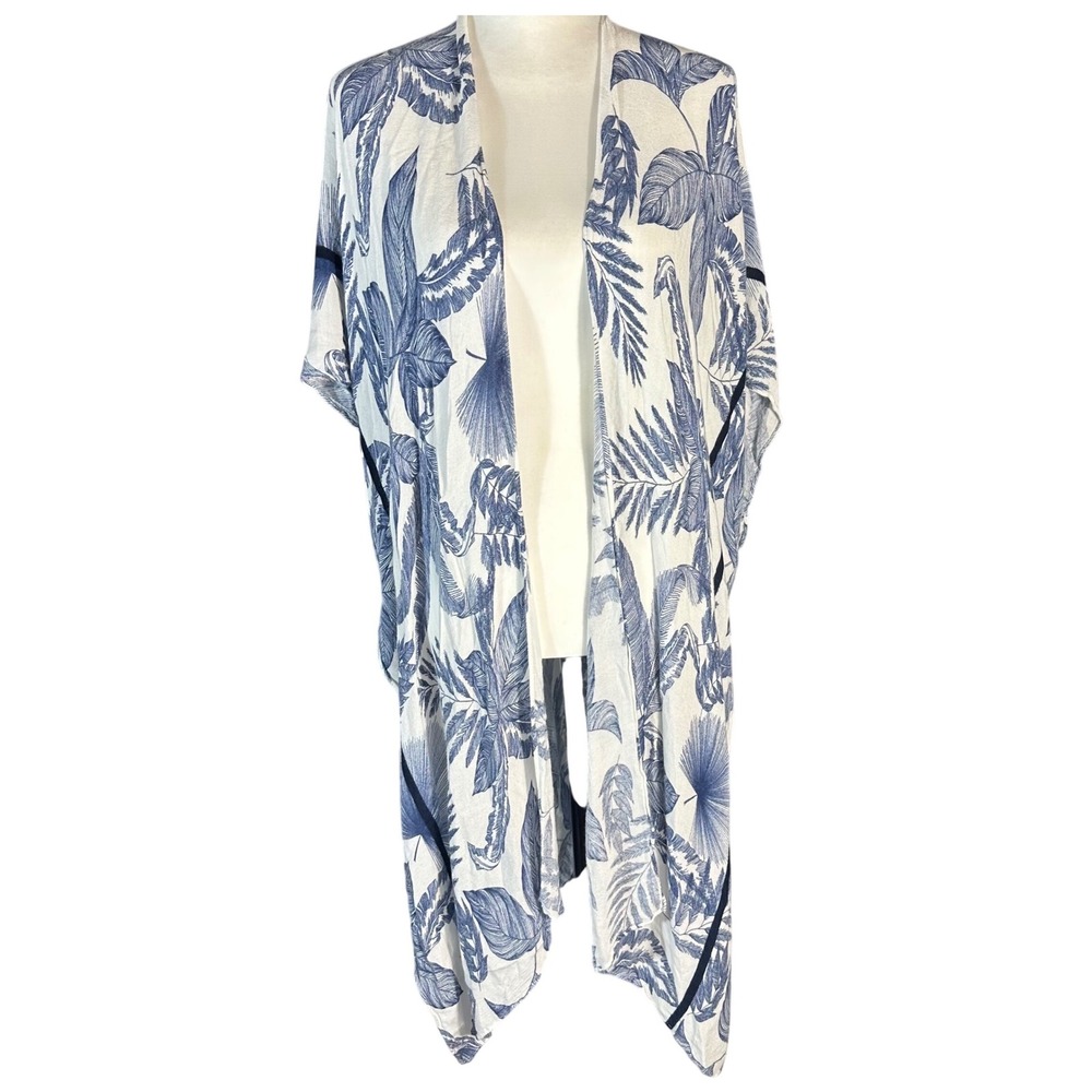 Janice Apparel Kimono Women One Size Blue White Tropical Palm Leaf Print Wrap